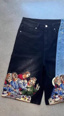 Blue cotton tapered men's shorts with a Jesus print on the back pocket.