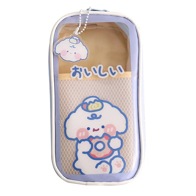 Transparent PVC student pencil case with cartoon design in candy bear, pink rabbit, blue dog, or purple dog colours