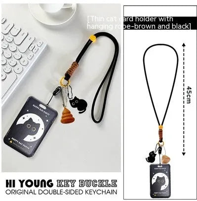 Black cat cartoon design plastic card sleeve with removable fob pendant for bus and student cards