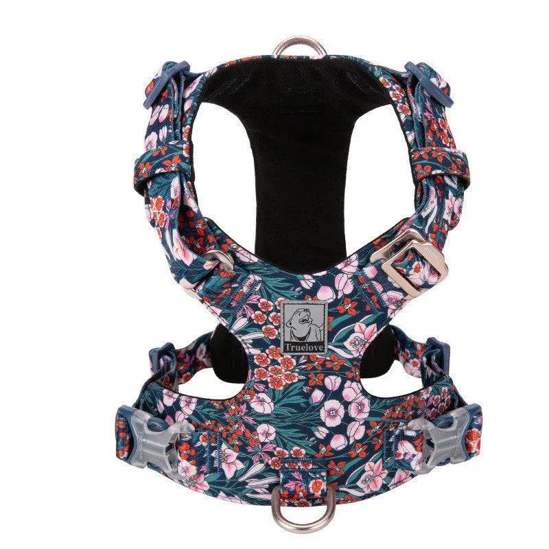 Pure cotton pet harness with floral pattern and chest strap in red, green, or blue colours