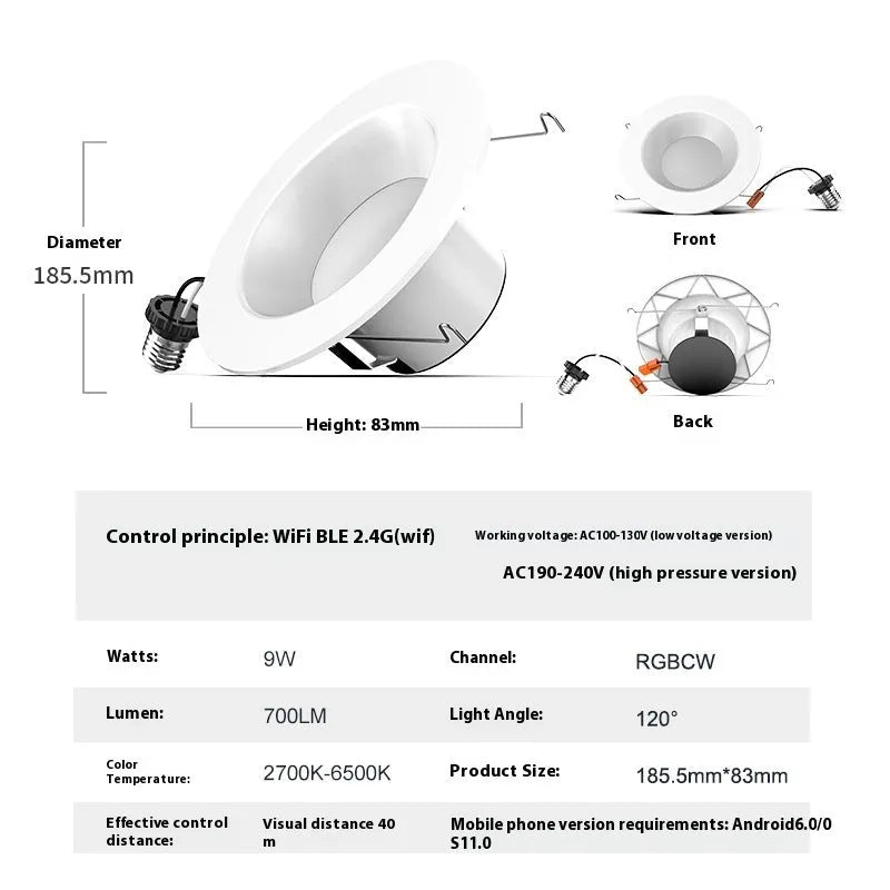 Smart WiFi Bluetooth RGBW colour changing ceiling downlight with remote control