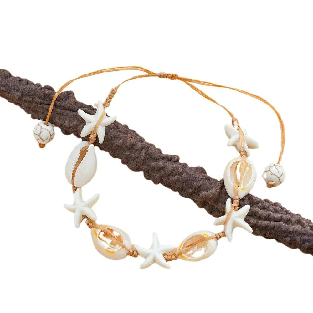 Hand-woven starfish shell bracelet in beige cord, unisex DIY style