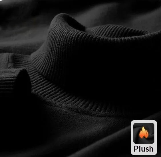 Plus size men's black knitted high-neck fleece-lined sweater on model