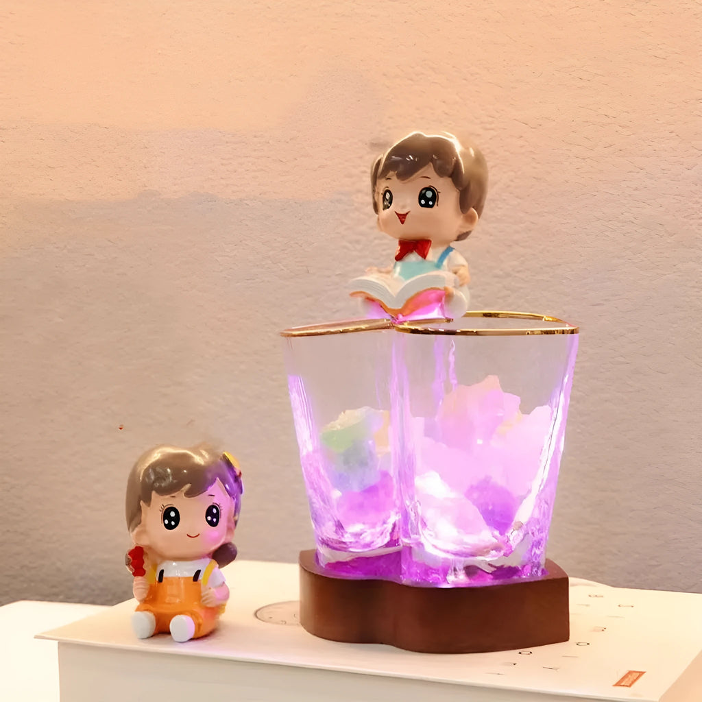 Transparent crystal glass aromatherapy night lamp on beech wood base with USB cable