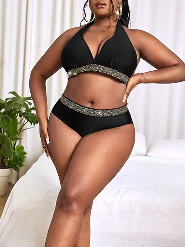 Black plus size women's polyester bikini swimsuit with bra and shorts, sizes 0XL to 4XL