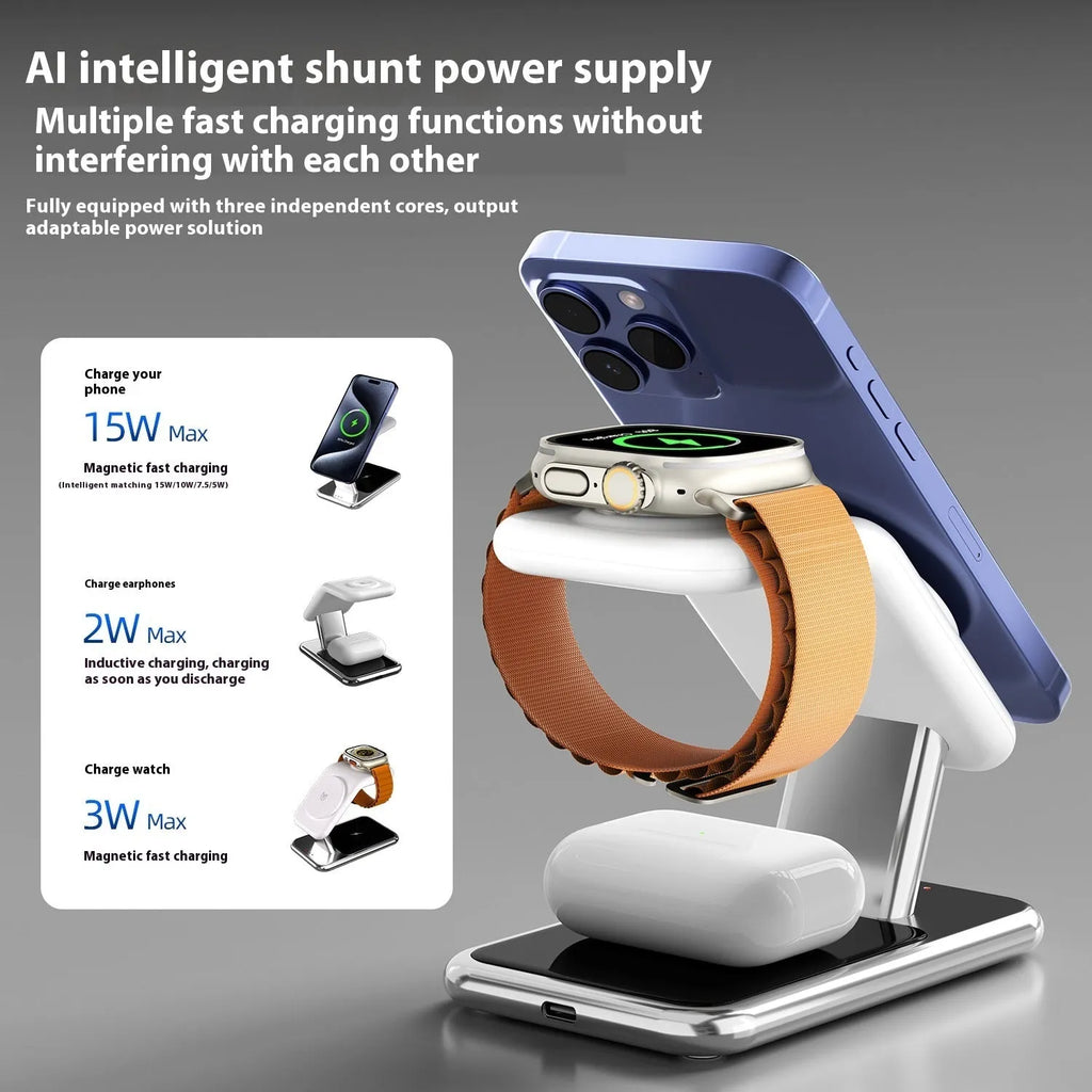 3-in-1 magnetic wireless charging bracket in ivory white showing phone, earphone, and watch charging positions