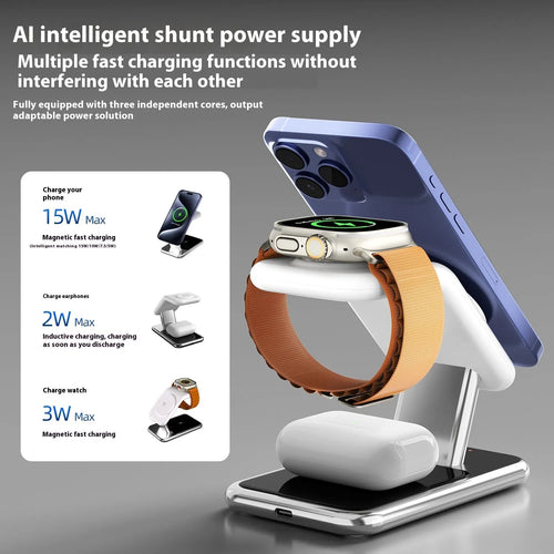 3-in-1 magnetic wireless charging bracket in ivory white showing phone, earphone, and watch charging positions