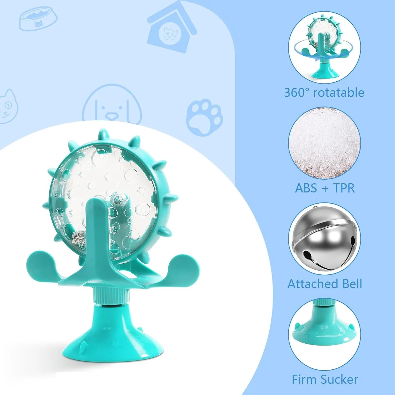 Interactive cat dog puzzle feeder toy with rotating spinner in blue green red yellow colours