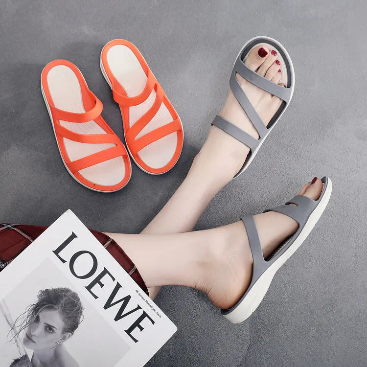 Women's summer beach sandals in red, purple, blue, black, grey, or pink with breathable PP upper