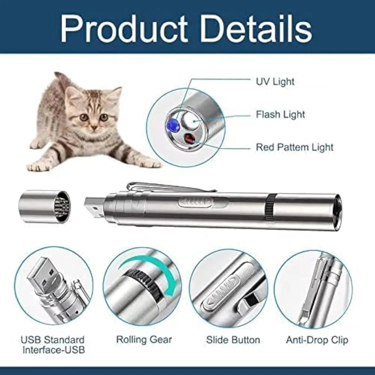 Silver aluminium cat laser toy pointer with multiple pattern modes for indoor pet play