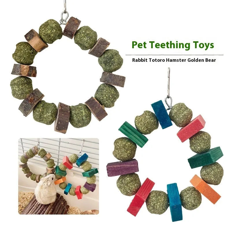 Hamster chew toy with colourful straw balls on ring and applewood molar rod