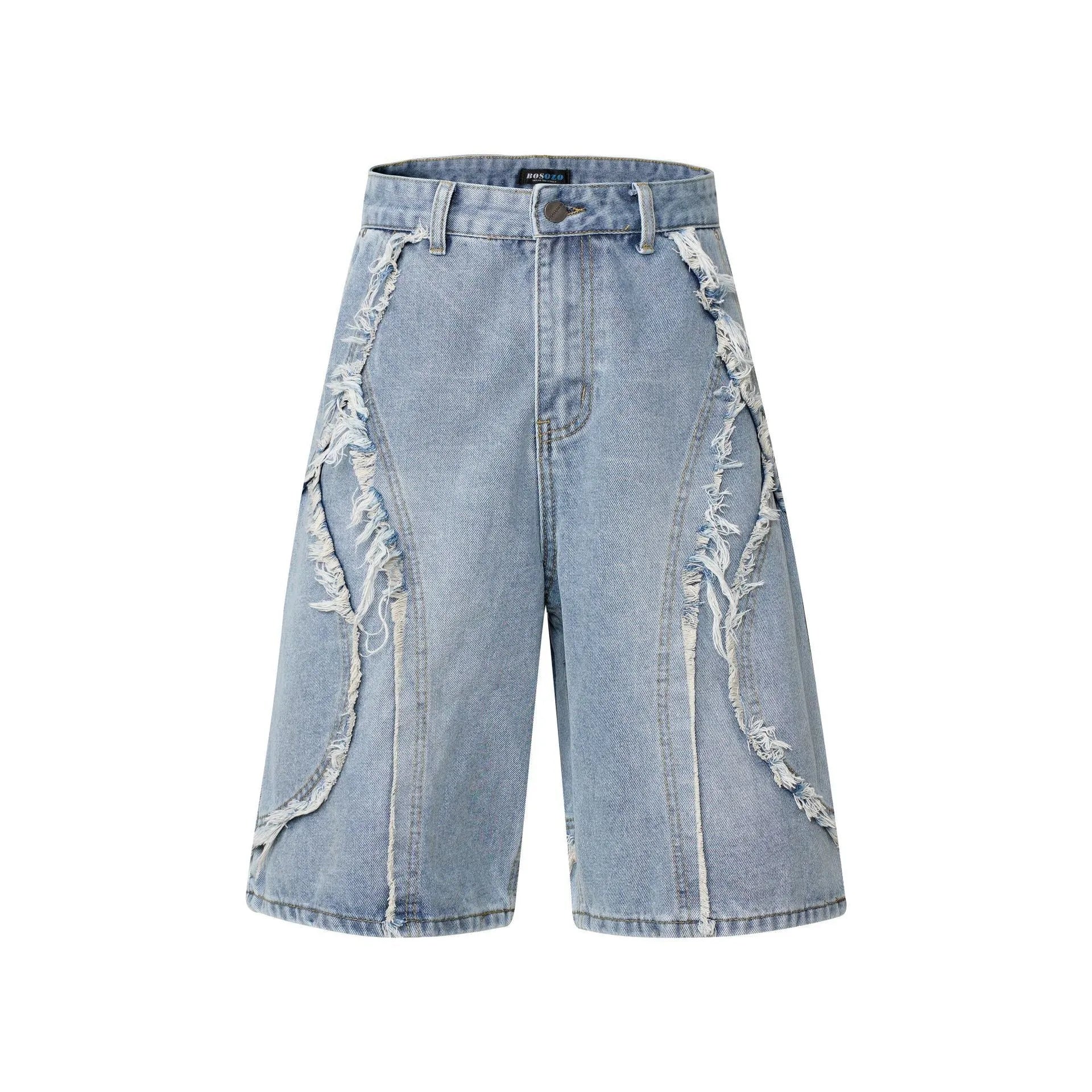 American Pu Shuai distressed denim shorts in straight cut hip hop style with raw edge finish