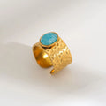 Natural stone open ring for women, leaf shape, stainless steel, electroplated finish, round stone, Ins style