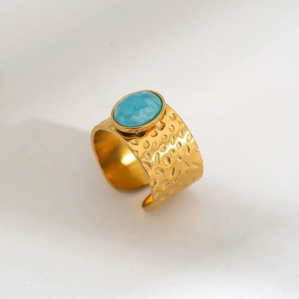 Natural stone open ring for women, leaf shape, stainless steel, electroplated finish, round stone, Ins style