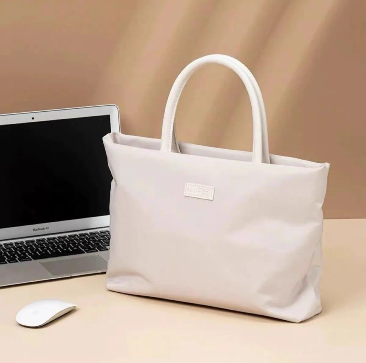 Solid colour lightweight Oxford cloth women's laptop bag in beige for 14 inch laptops