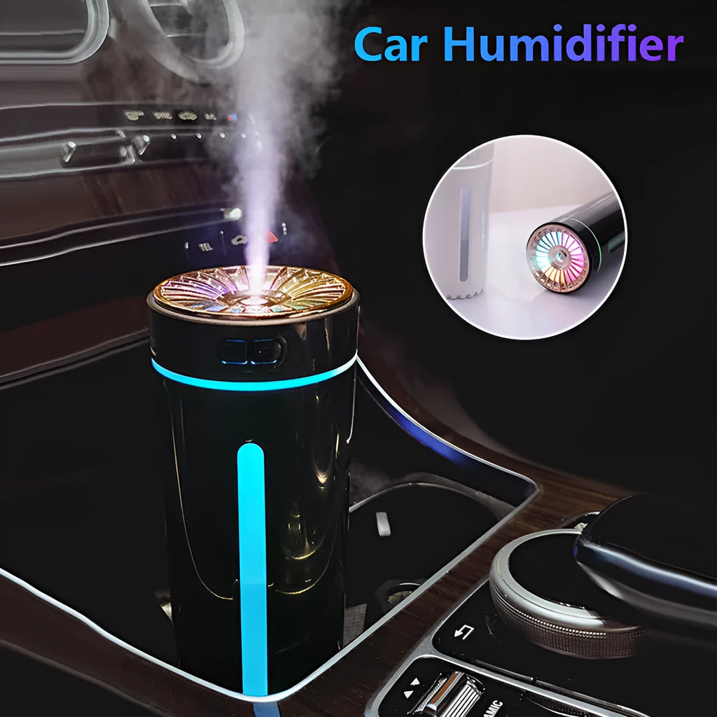 Black and white rechargeable USB humidifier with colourful lights for car and desk use.