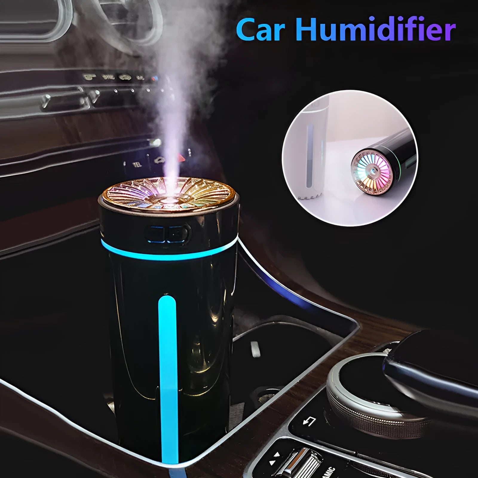 Black and white rechargeable USB humidifier with colourful lights for car and desk use.