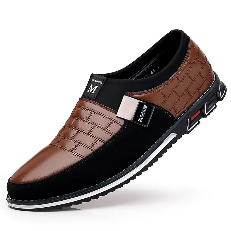 Men's slip-on plus size casual leather shoes black round toe artificial PU rubber sole
