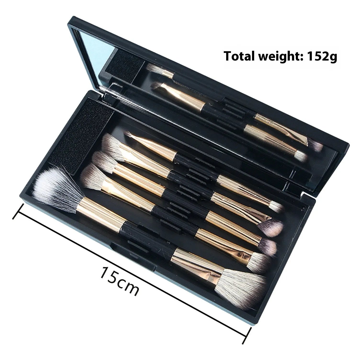 Makeup brush set in case with mirror showing 4 or 5 artificial fibre brushes in silver, gold or sparrow design