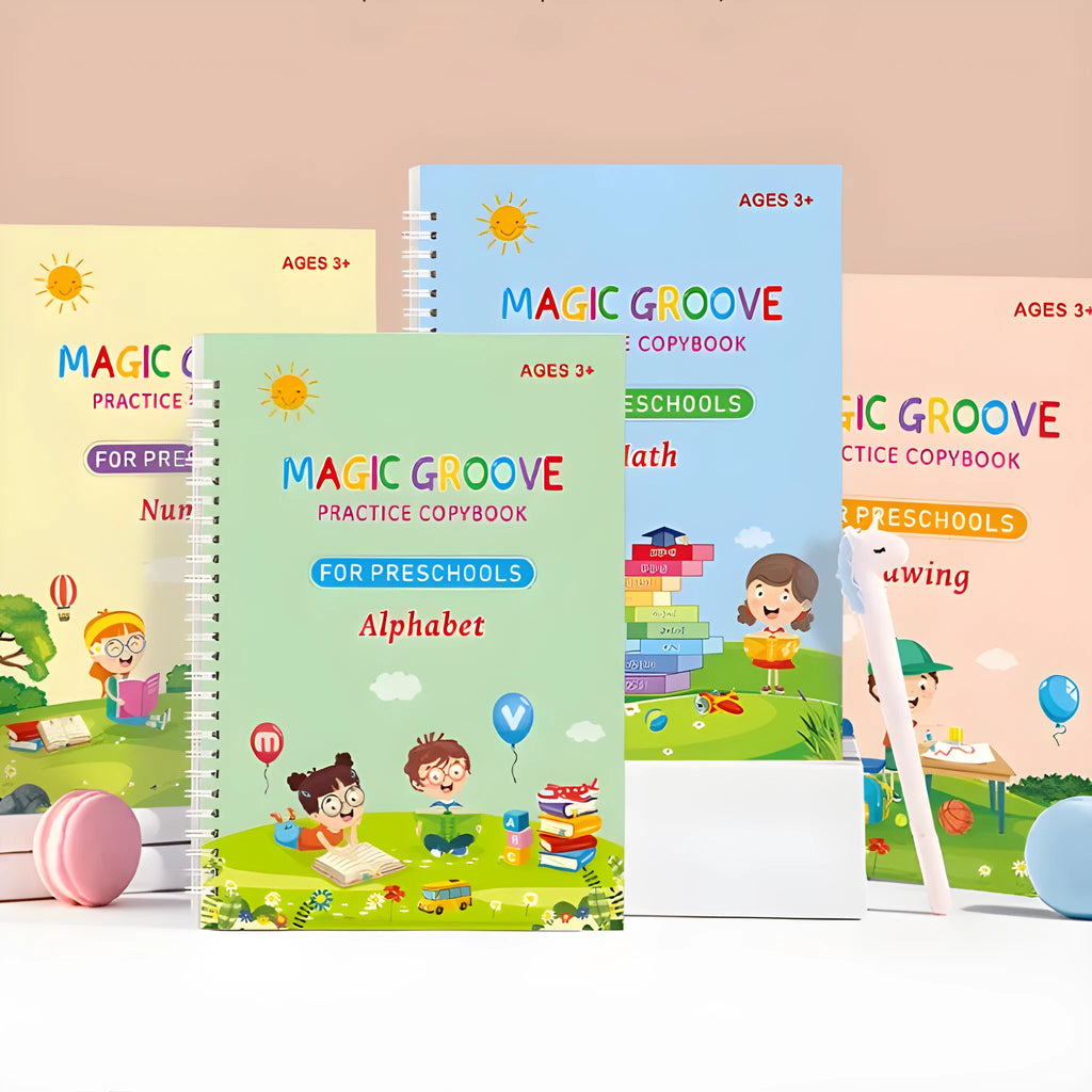 English children's groove magic practice set with double-sided notched post book, pen, and ten pen refills for calligraphy control training