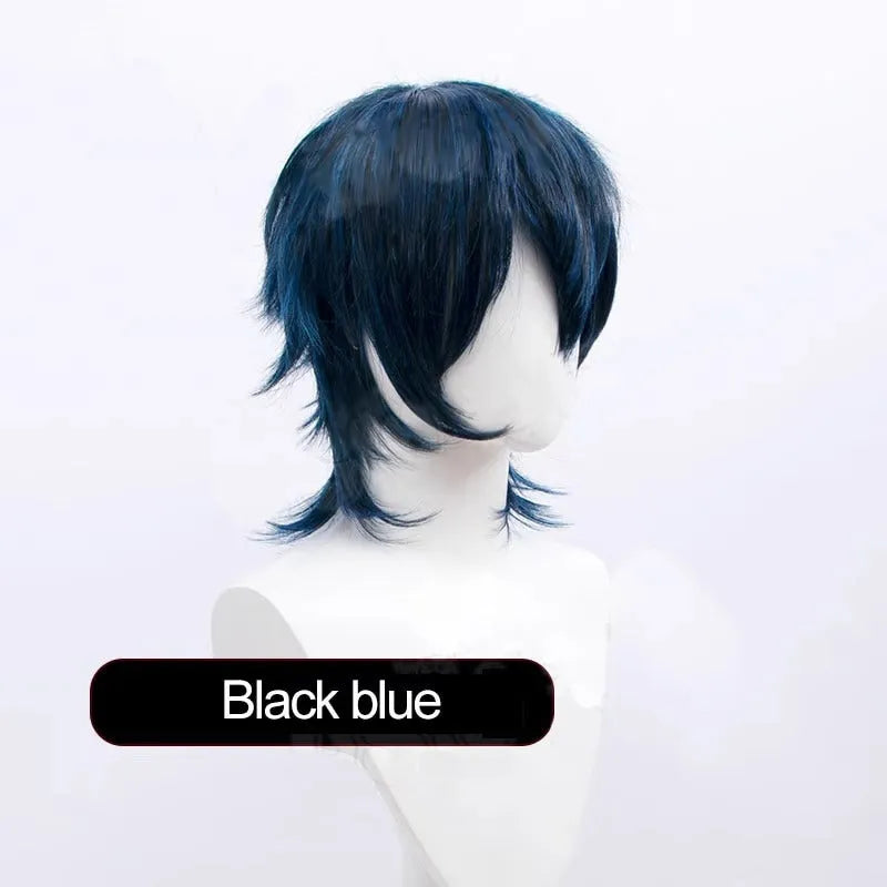 A short hairstyle Anime cosplay wig for men on a stand, shown in a vibrant colour.