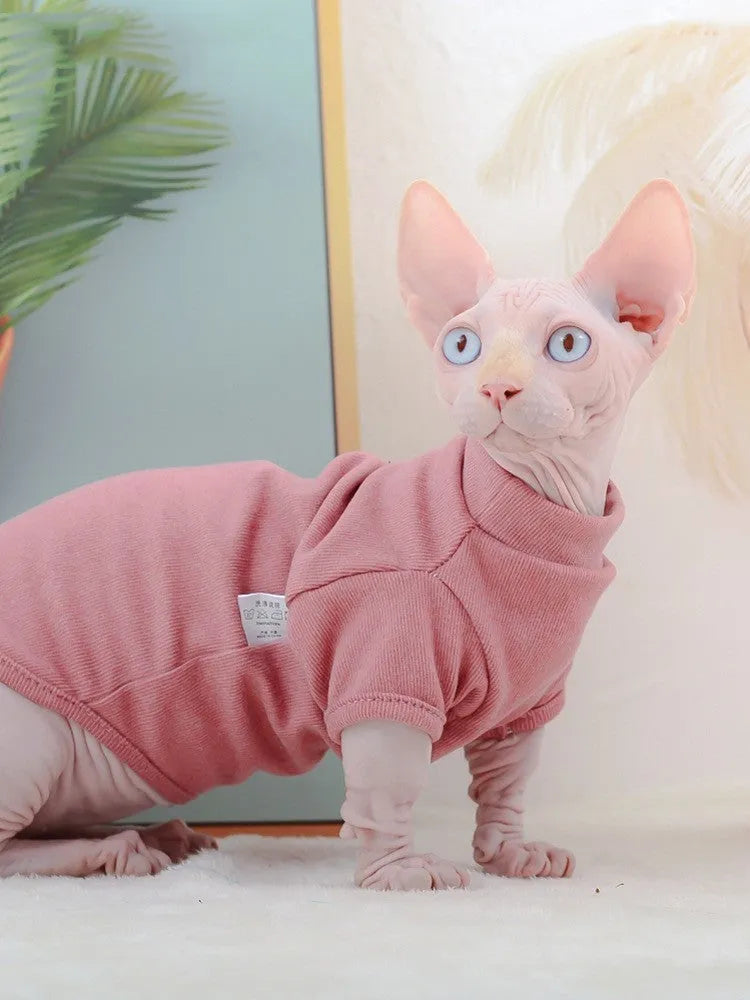 Hairless cat wearing toothpick Dralon jumper in cherry pink, two-foot design for front legs, soft autumn winter pet clothing