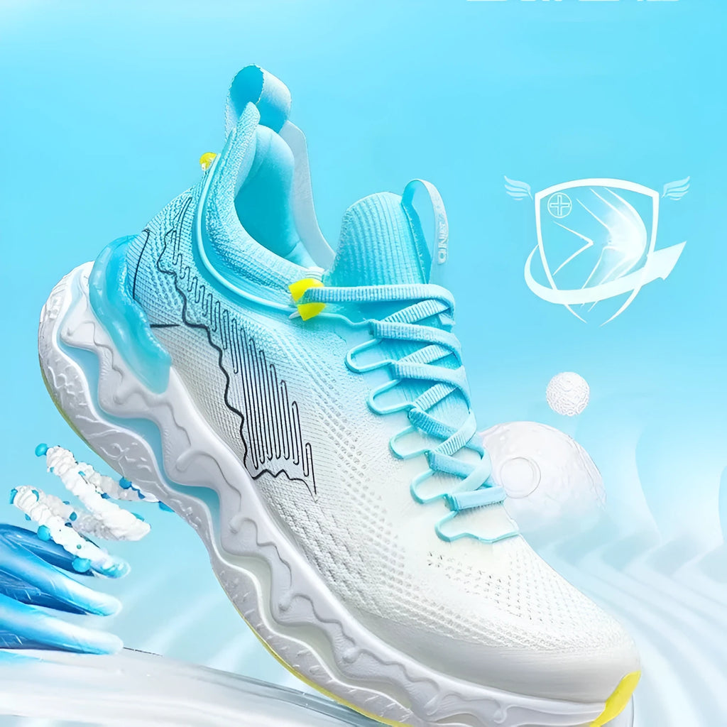Women's running shoes with cushioned knee pads and thick rubber soles in various colours.