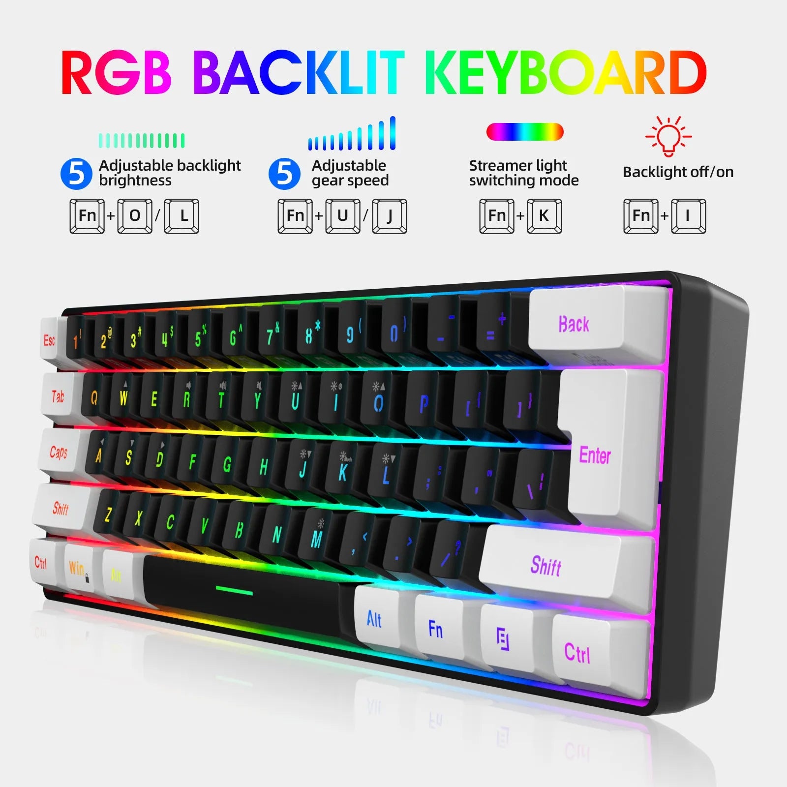 Simple wired white and black 61-key membrane keyboard with a USB cable on a desk