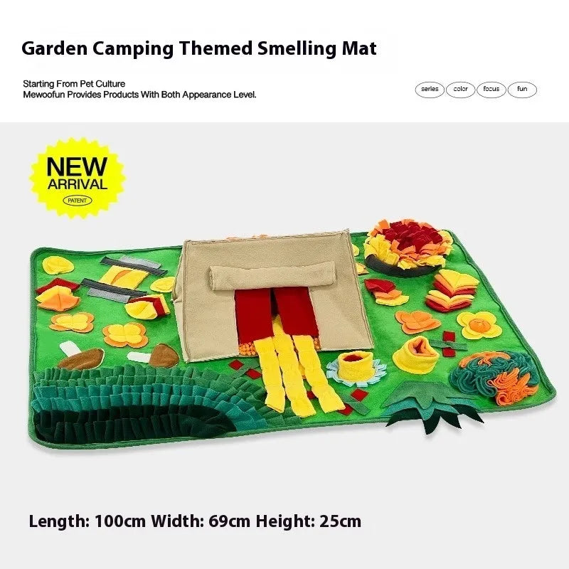 Fabric dog sniffing mat with printed garden camping theme pattern for hiding treats.