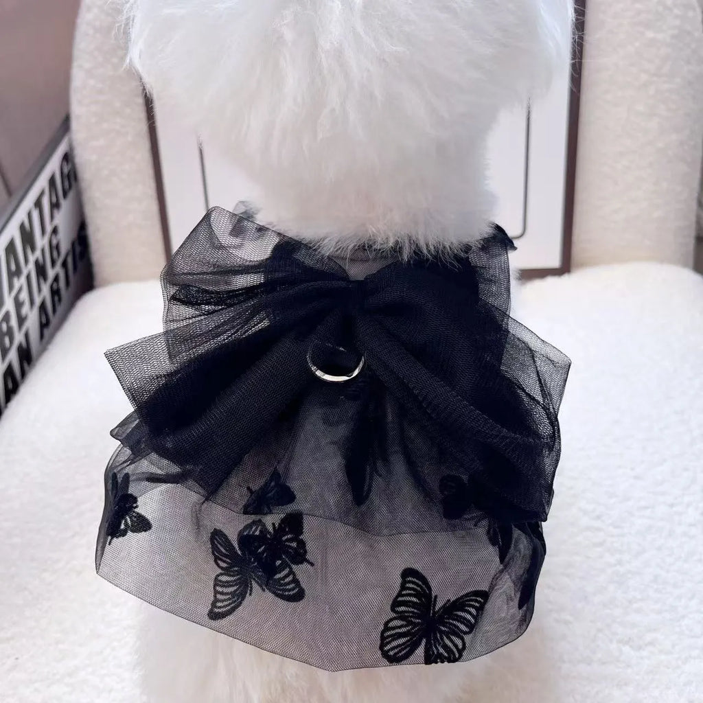 Black polyester gauze princess tulle skirt for a small dog, showing layered design.