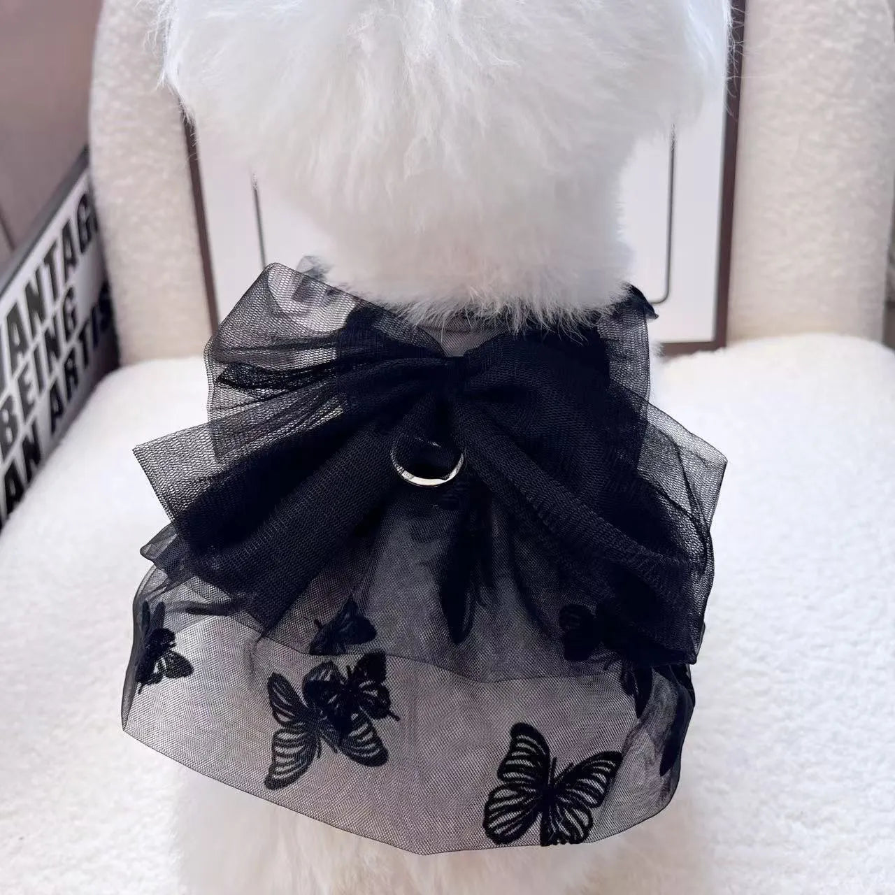 Black polyester gauze princess tulle skirt for a small dog, showing layered design.