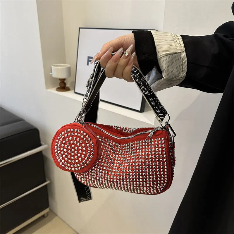 Rhinestone shoulder bag with small purse in black red white Oxford cloth dumpling shape