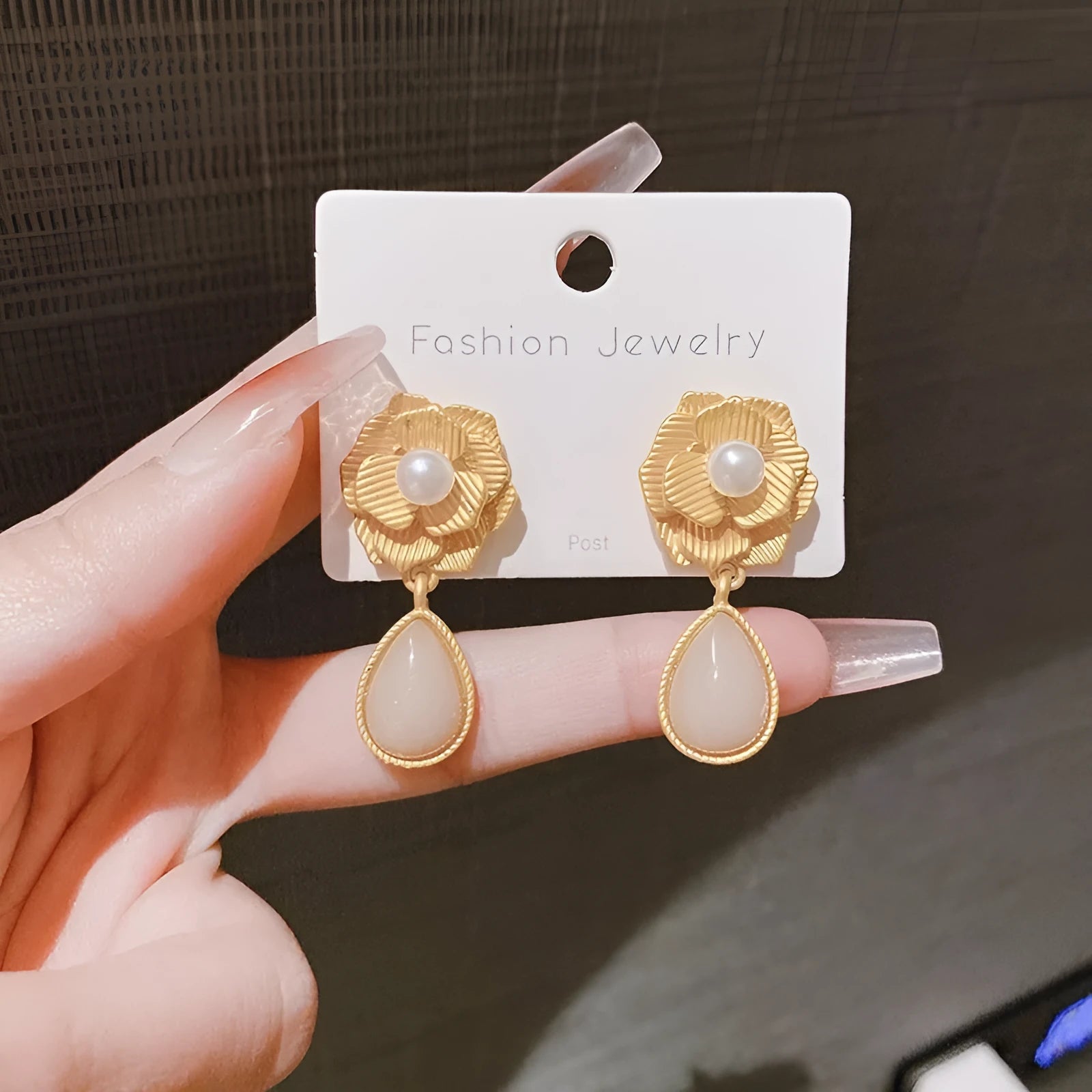 Gold electroplated Hong Kong style flower stud earrings with rose pearl opal centre and ice flower detailing