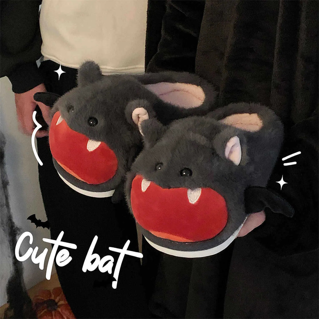 Cute bat Halloween cotton slippers in dark gray with suede upper and velboa lining