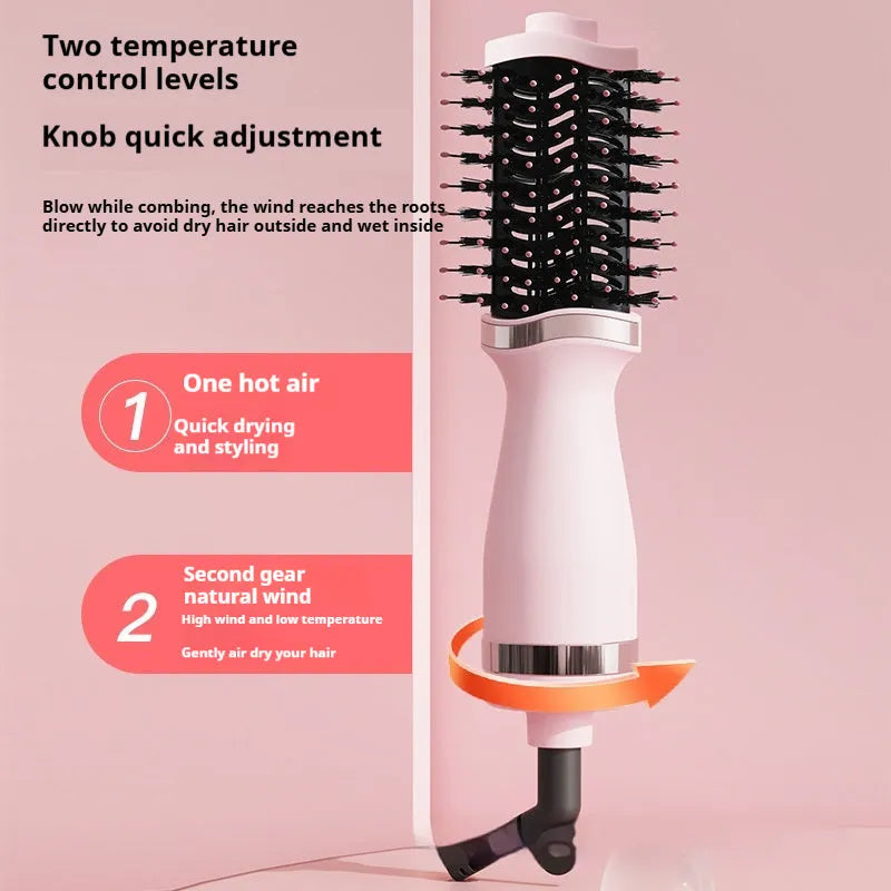 Pink multifunctional hair dryer with integrated comb and curling brush attachments