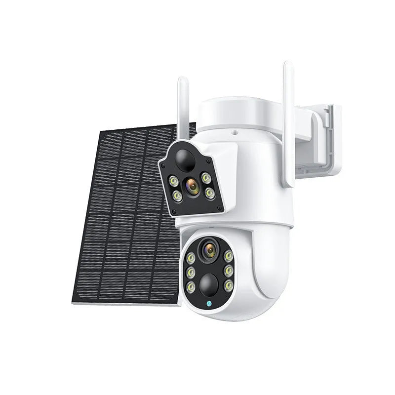 White outdoor solar security camera with attached solar panel for wireless home surveillance