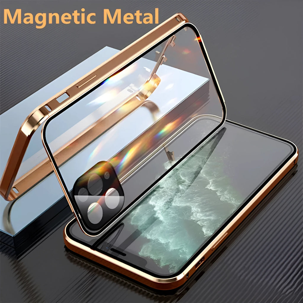Aluminium alloy metal bumper case for iPhone with double-sided tempered glass in black, blue, red, or silver.