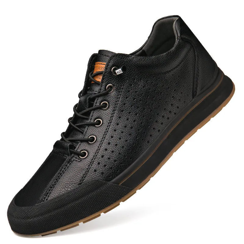 Men's white matte leather casual shoes with round toe and flat sole.