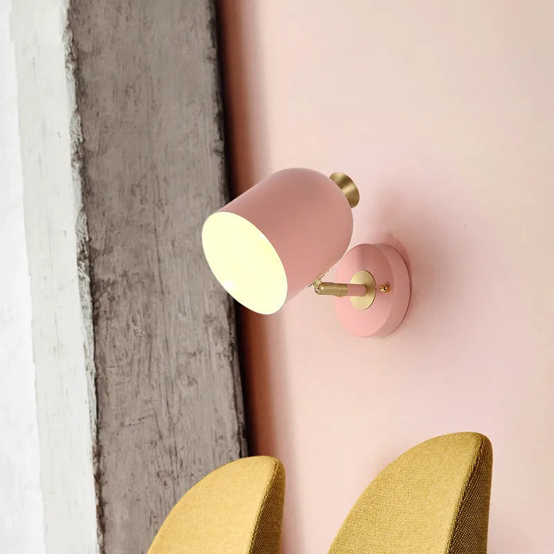 Single-head aluminium wall lamp with mirror front in choice of blue, green, pink or yellow LED light.