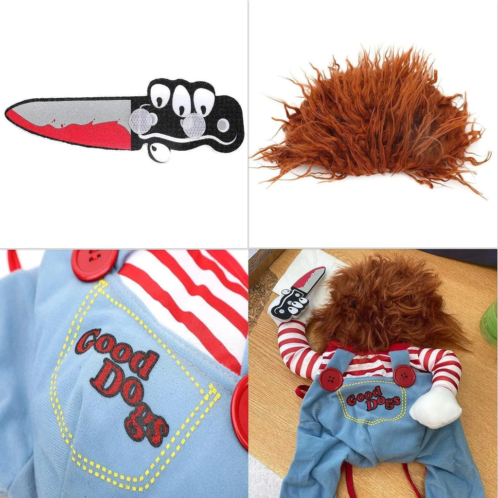 Striped Halloween harness costume for pets with knife accessory in 3-piece set