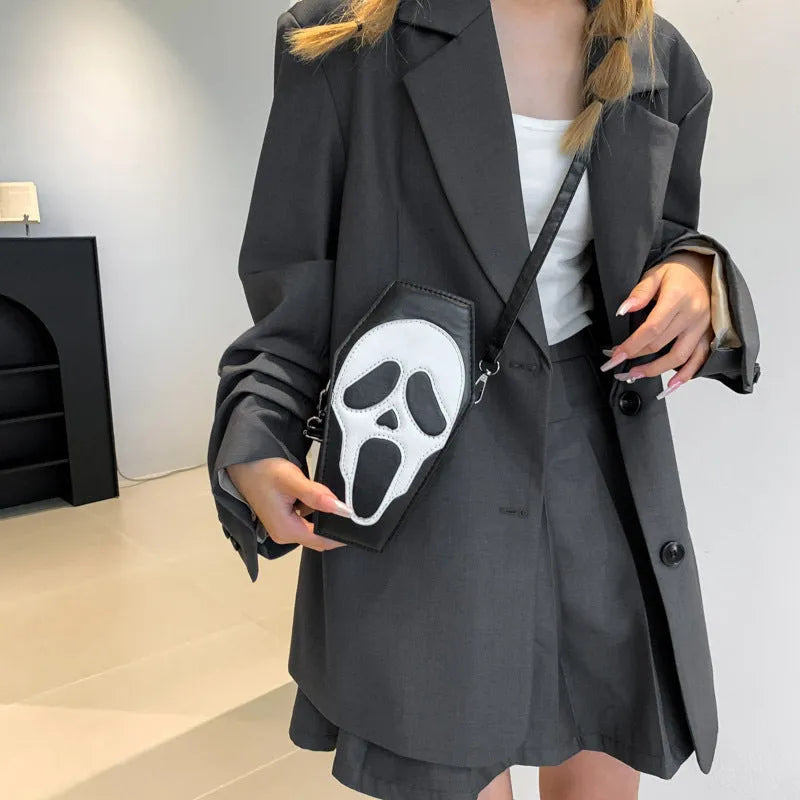 Halloween coffin-shaped shoulder bag in PU with spider web pattern, crossbody strap, compact size 12x22x9cm