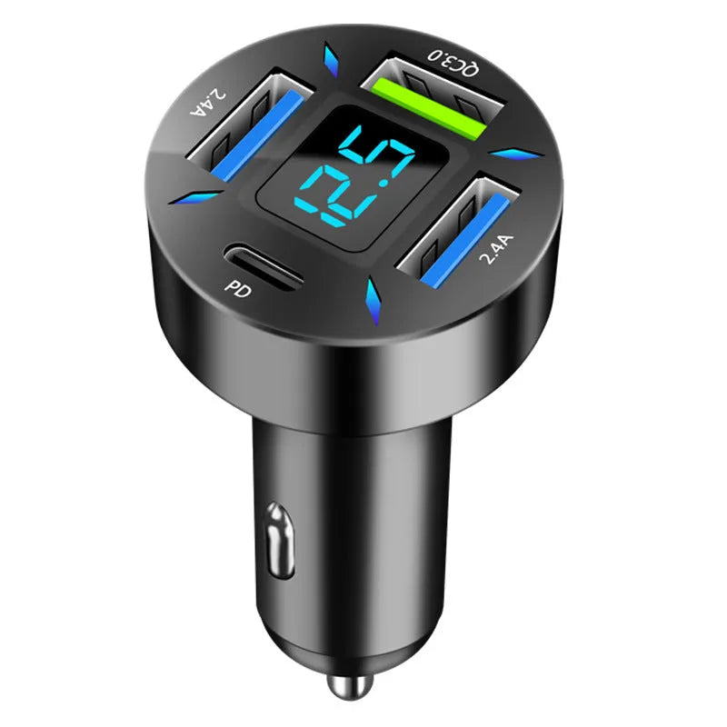 Black four-port USB car charger with LED digital display showing charging status