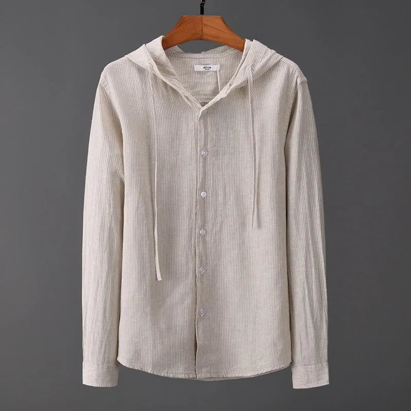 Men's hooded tether striped long sleeve shirt in apricot with wool lining for plus size casual wear
