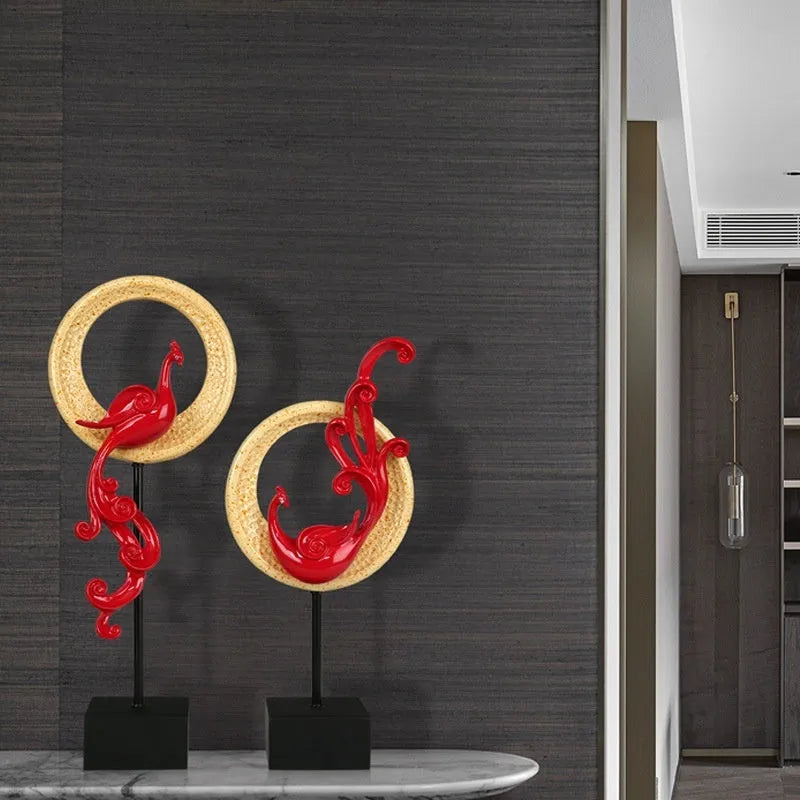 Synthetic resin phoenix ornament in rose gold, elegant silver and festive red colour options
