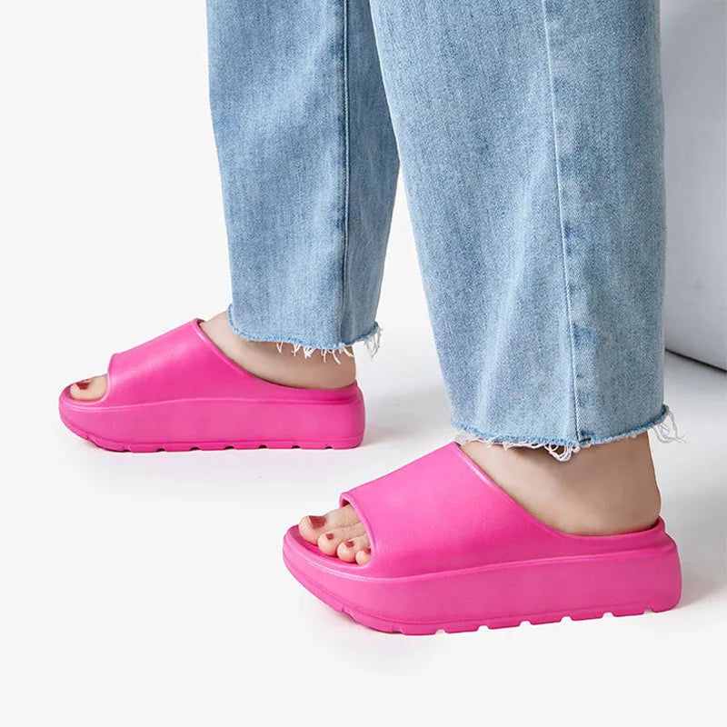 Women's fish mouth slippers with 5.5cm thick EVA sole in beige, black, khaki, or rose red.