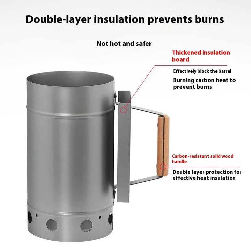 Zinc-iron alloy outdoor charcoal fire igniter with bucket-style design and point carbon barrel