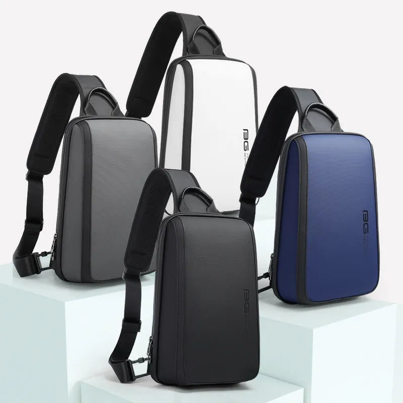 Men's blue Oxford cloth messenger chest bag with shoulder strap, shown with dimensions 33x21x10cm.