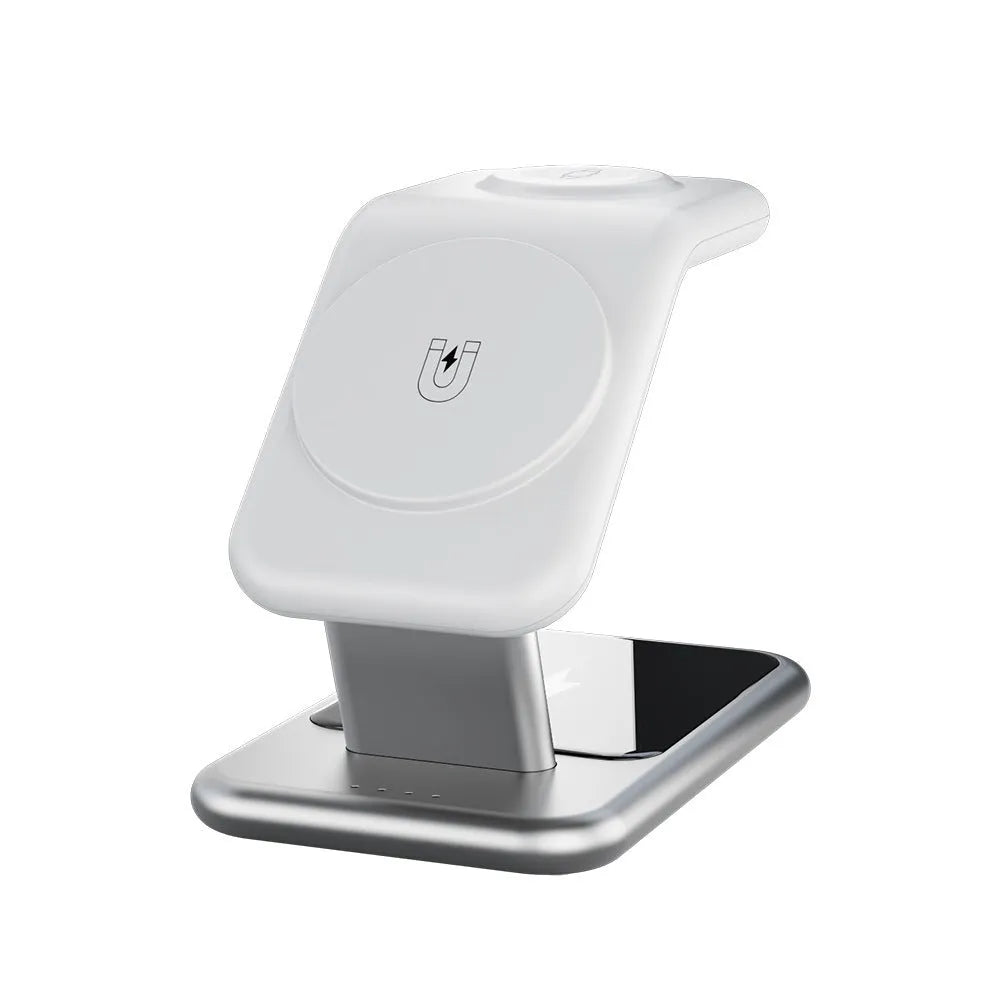 3-in-1 magnetic wireless charging bracket in ivory white showing phone, earphone, and watch charging positions