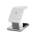 3-in-1 magnetic wireless charging bracket in ivory white showing phone, earphone, and watch charging positions