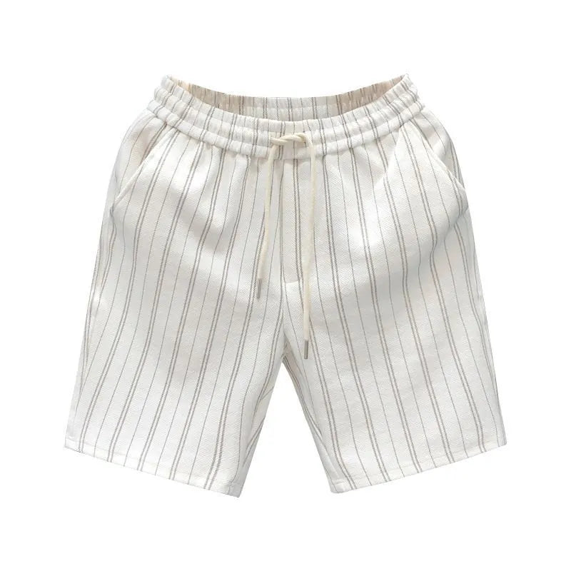 Men's black and white striped fleece-lined casual shorts with an elastic waistband